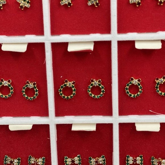 Vintage Earrings Christmas On Store Display Holiday Pierced 12 Pairs Rhinestones - Picture 7 of 12